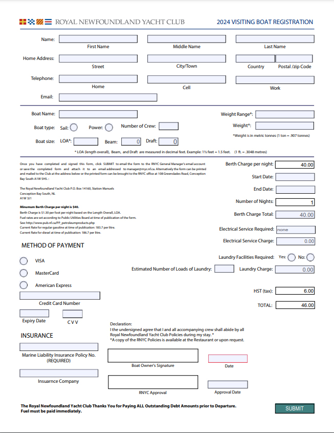 RNYC Visiting Boat Registration Form